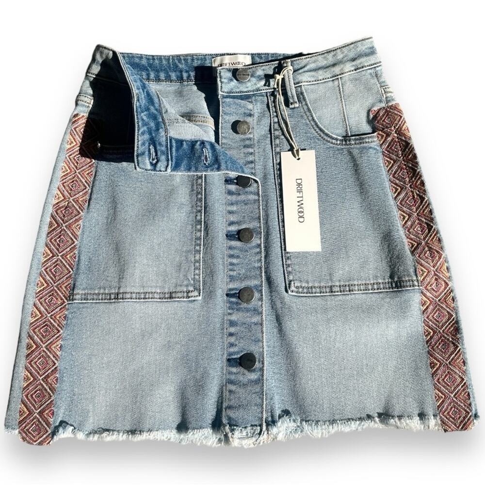 Driftwood Boho Denim Mini Skirt Size 26 Button Front Raw Hem Pockets NWT - Picture 11 of 11